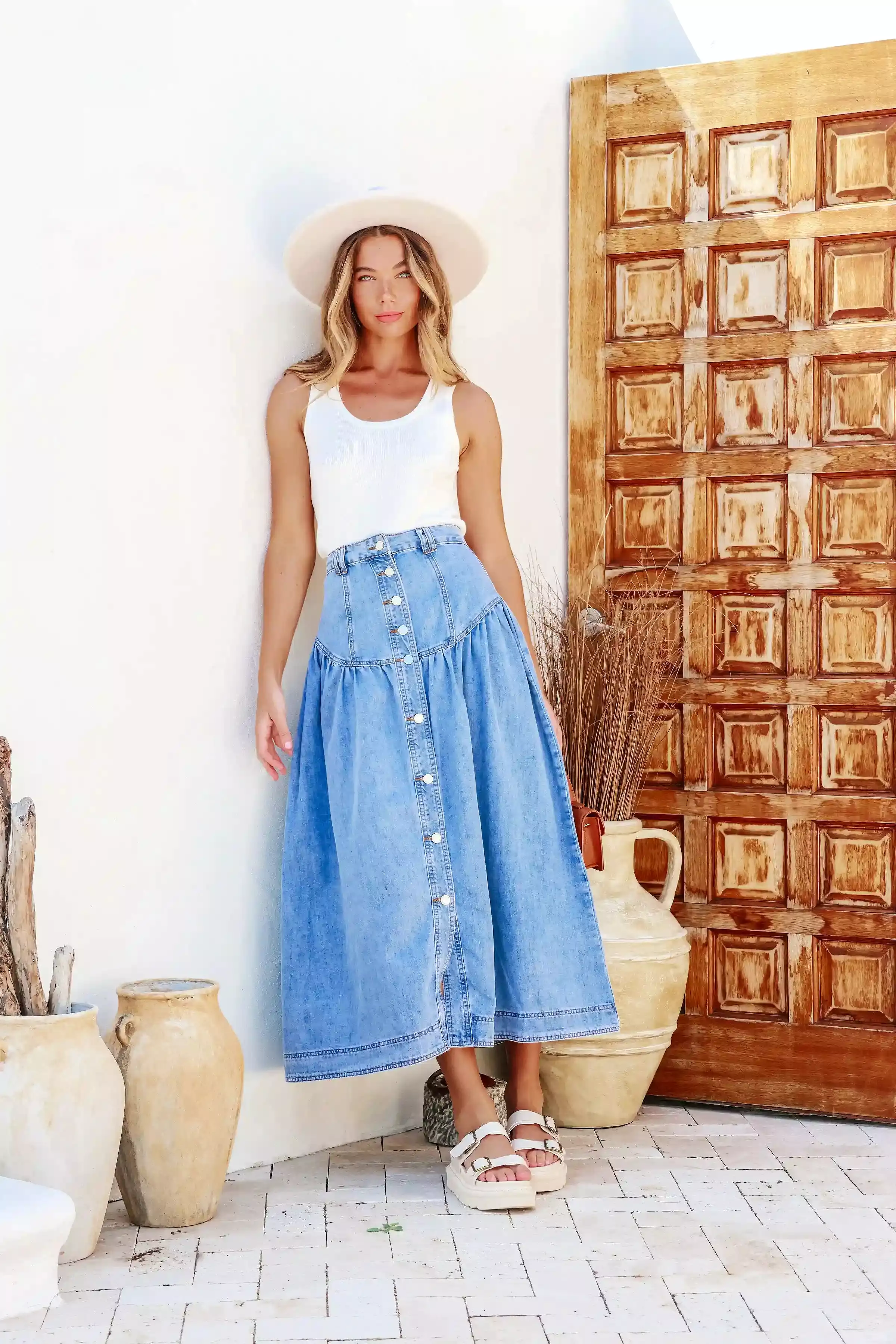 Beckham Chambray Denim Button Front Maxi Skirt Light Blue