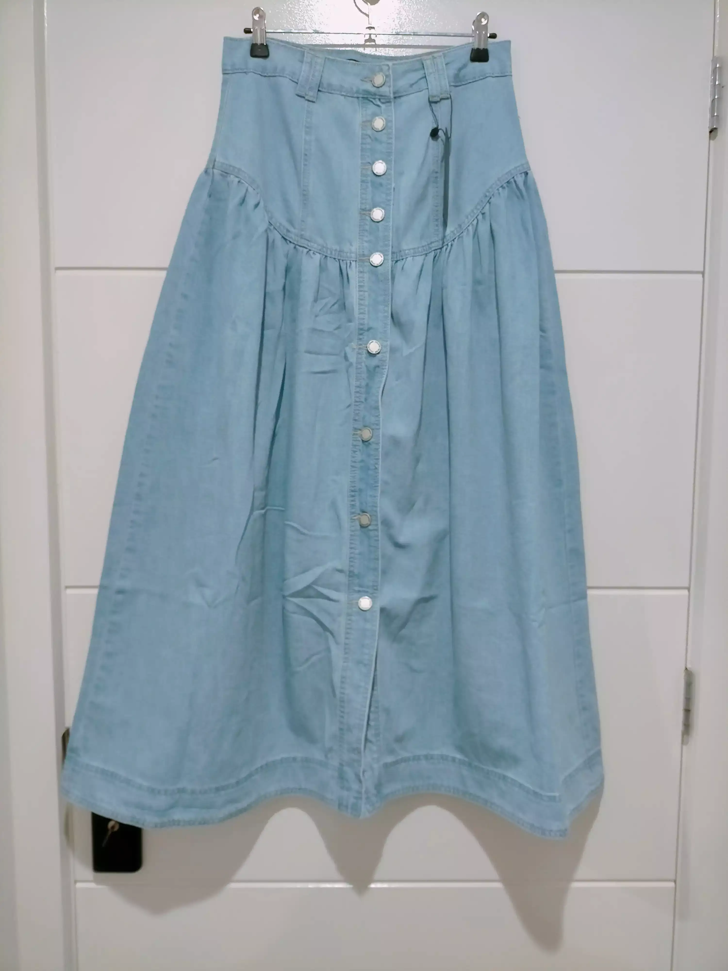 Beckham Chambray Denim Button Front Maxi Skirt Light Blue