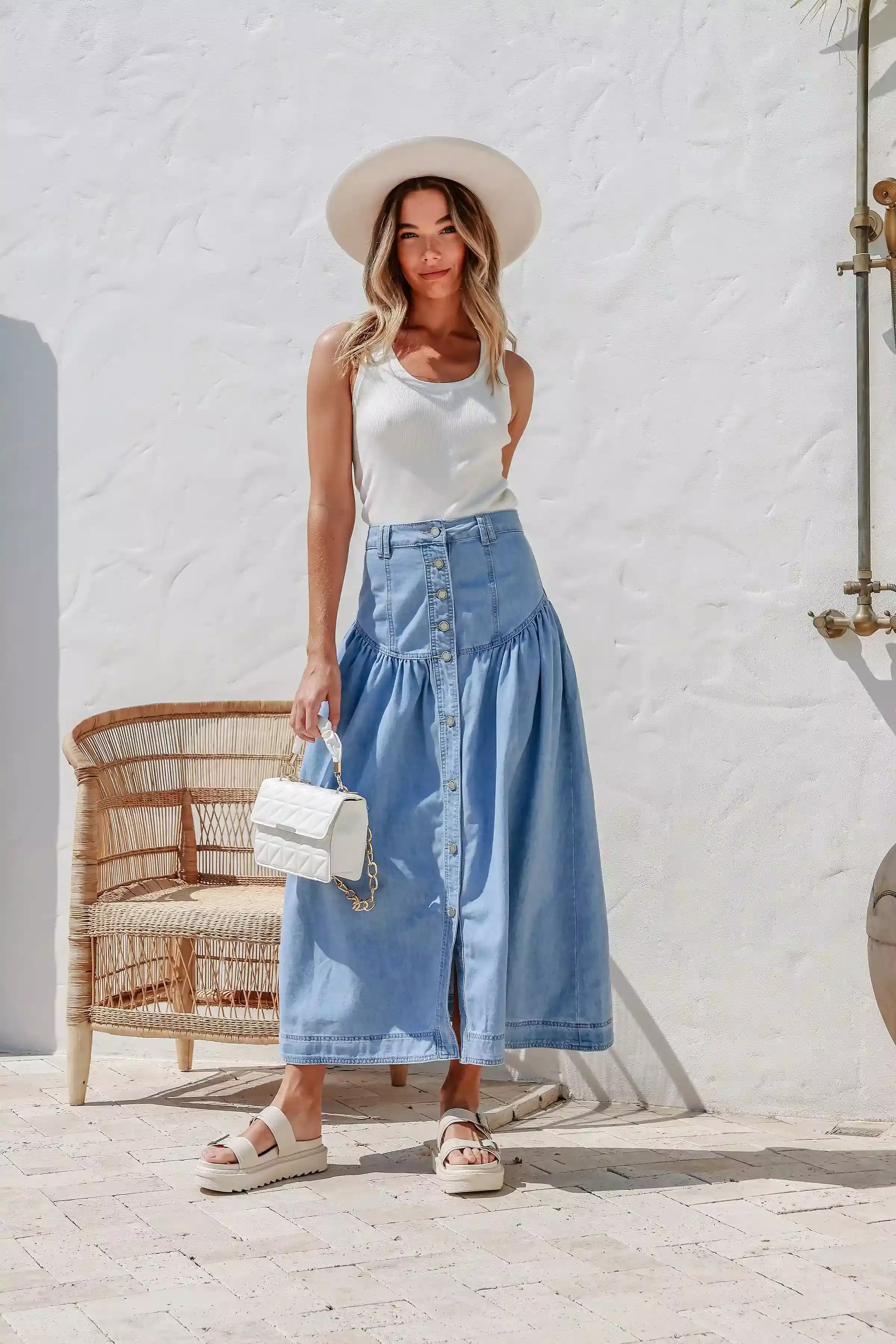 Beckham Chambray Denim Button Front Maxi Skirt Light Blue