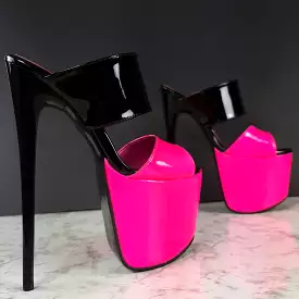 Black Neon Pink Gloss Double Strap Mules