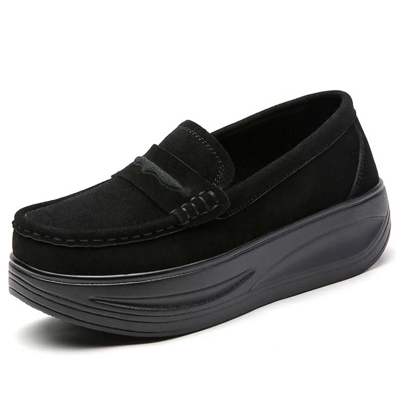 Black suede penny slip on rocker bottom sneaker