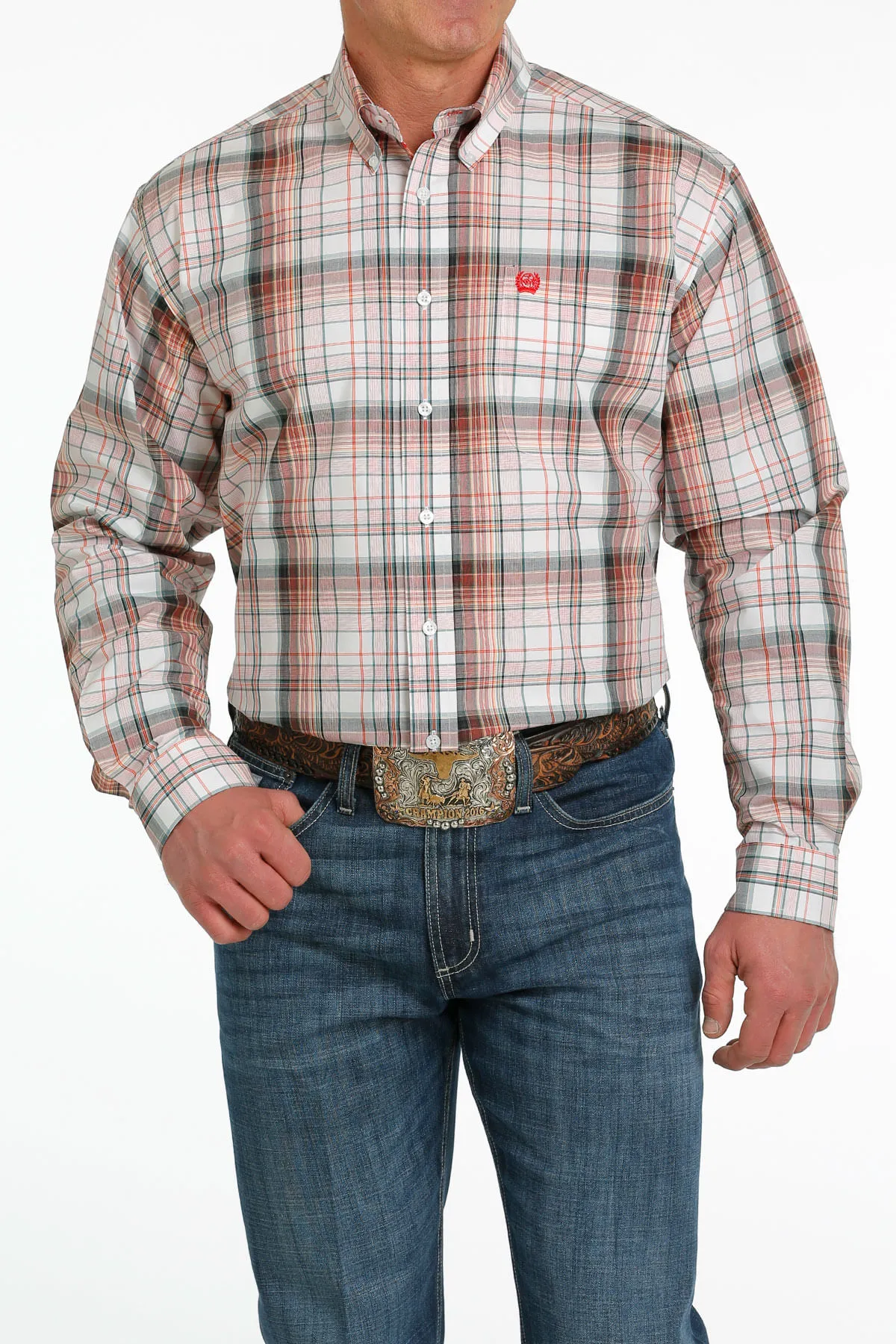 Cinch Mens Orange Plaid Long Sleeve Shirt