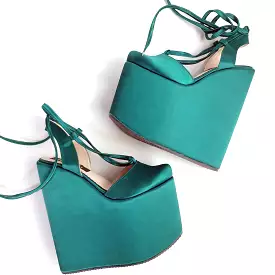 Dark Mint Green Satin Wedge Ballerina  Lace Up Sandals