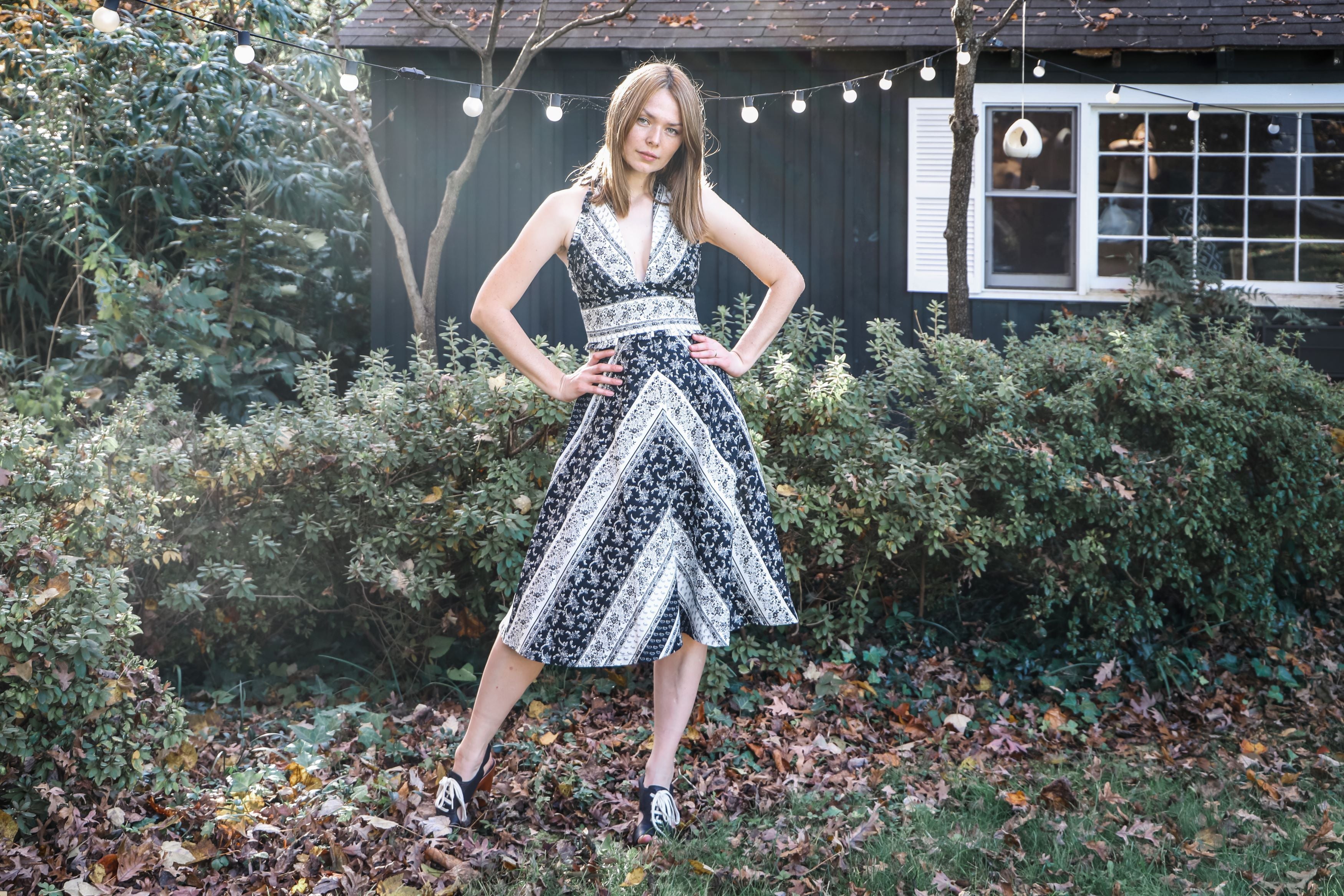 Freya Halter Dress / Black & Milky White Floral Stripe Cotton