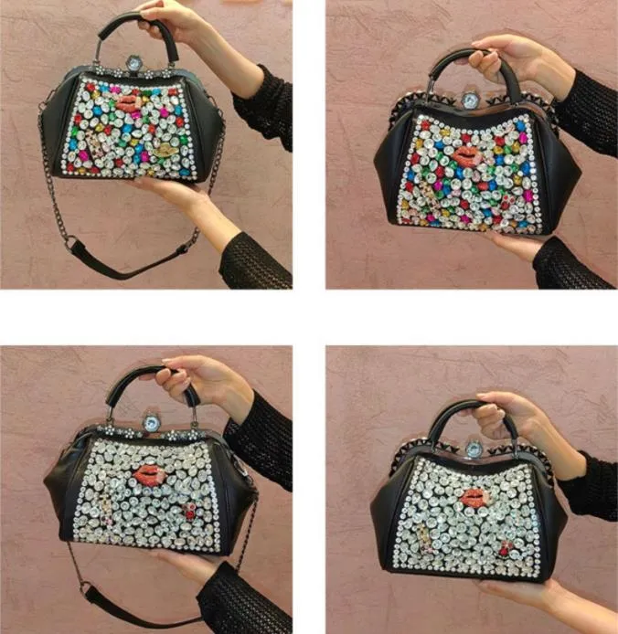 Genuine Leather Diamonds Women Luxury Fashion Chain Tote Shoulder Crossbody Rhinestone Clip Handbags