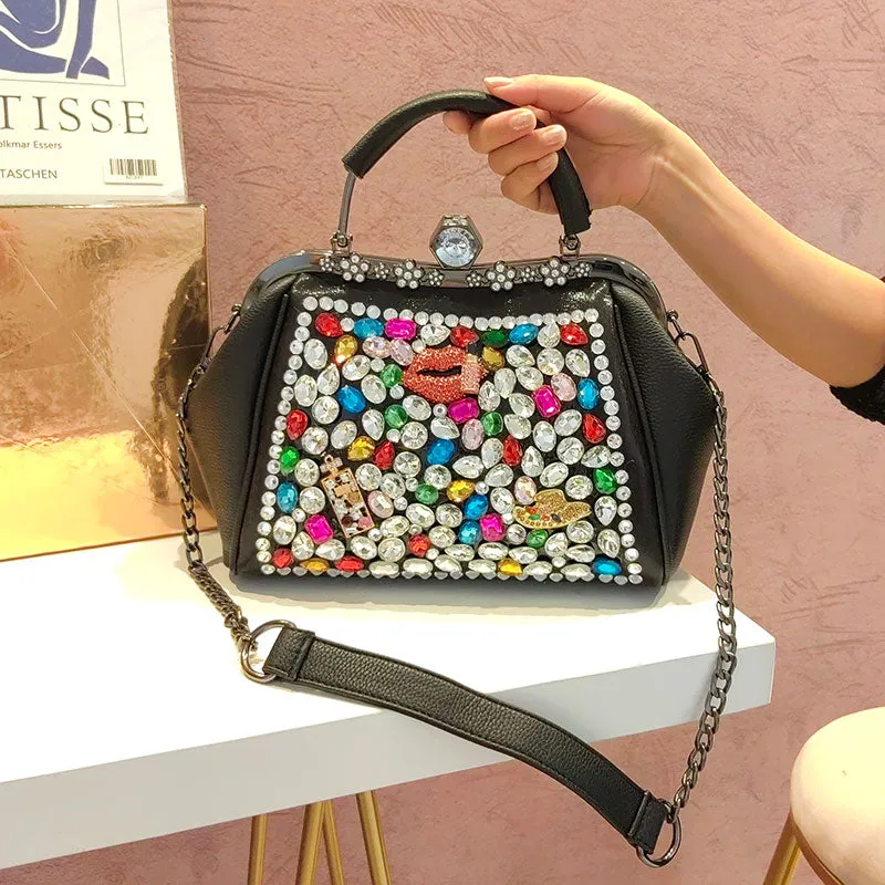 Genuine Leather Diamonds Women Luxury Fashion Chain Tote Shoulder Crossbody Rhinestone Clip Handbags