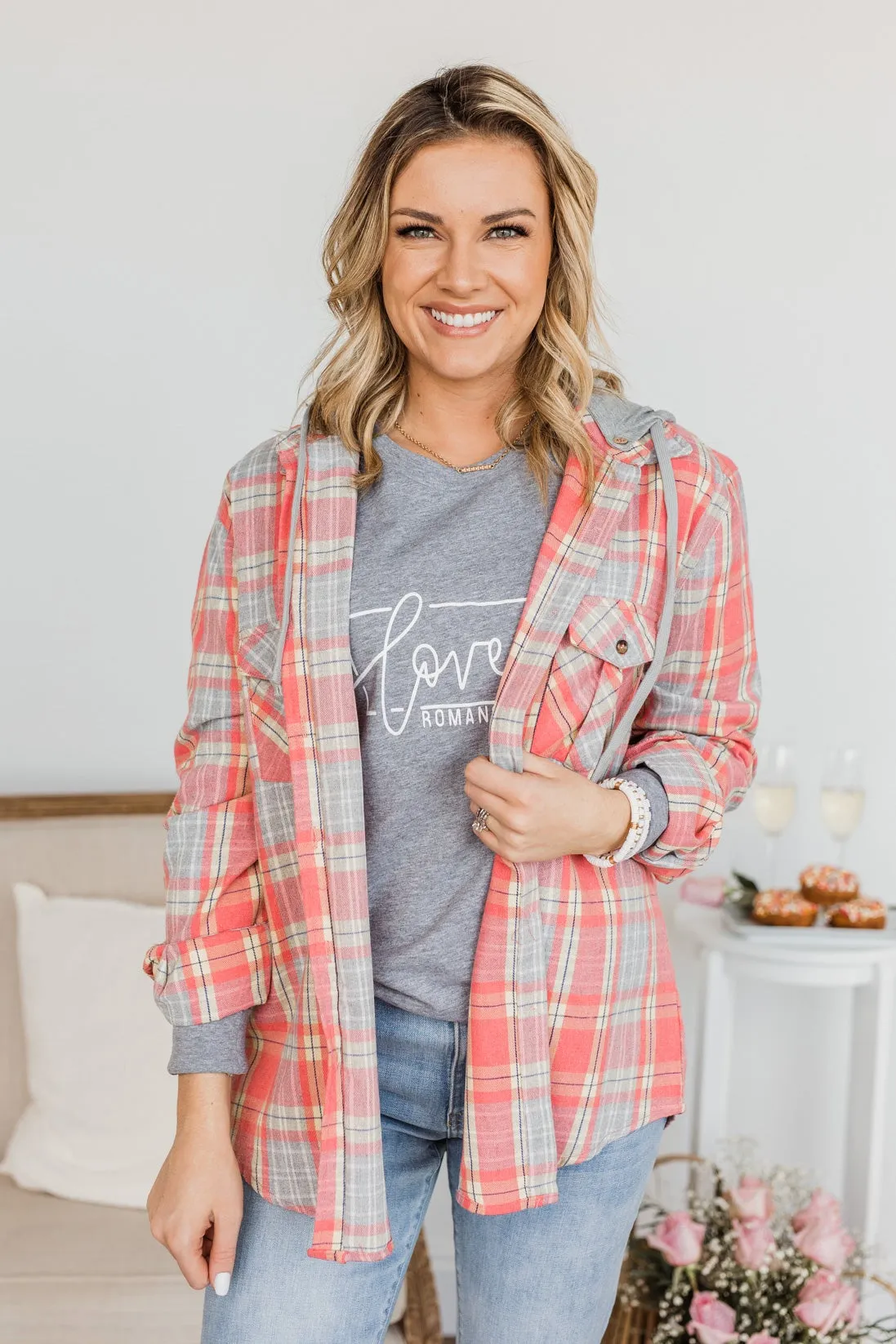 Heartfelt Serenades Hooded Plaid Top- Coral