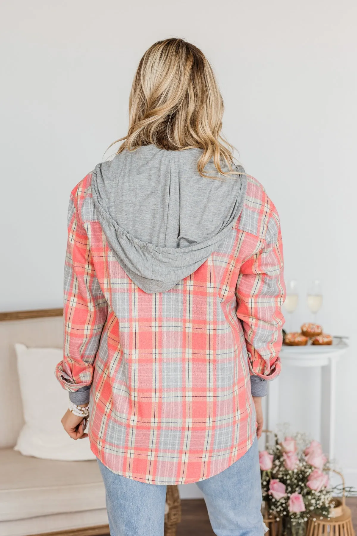 Heartfelt Serenades Hooded Plaid Top- Coral