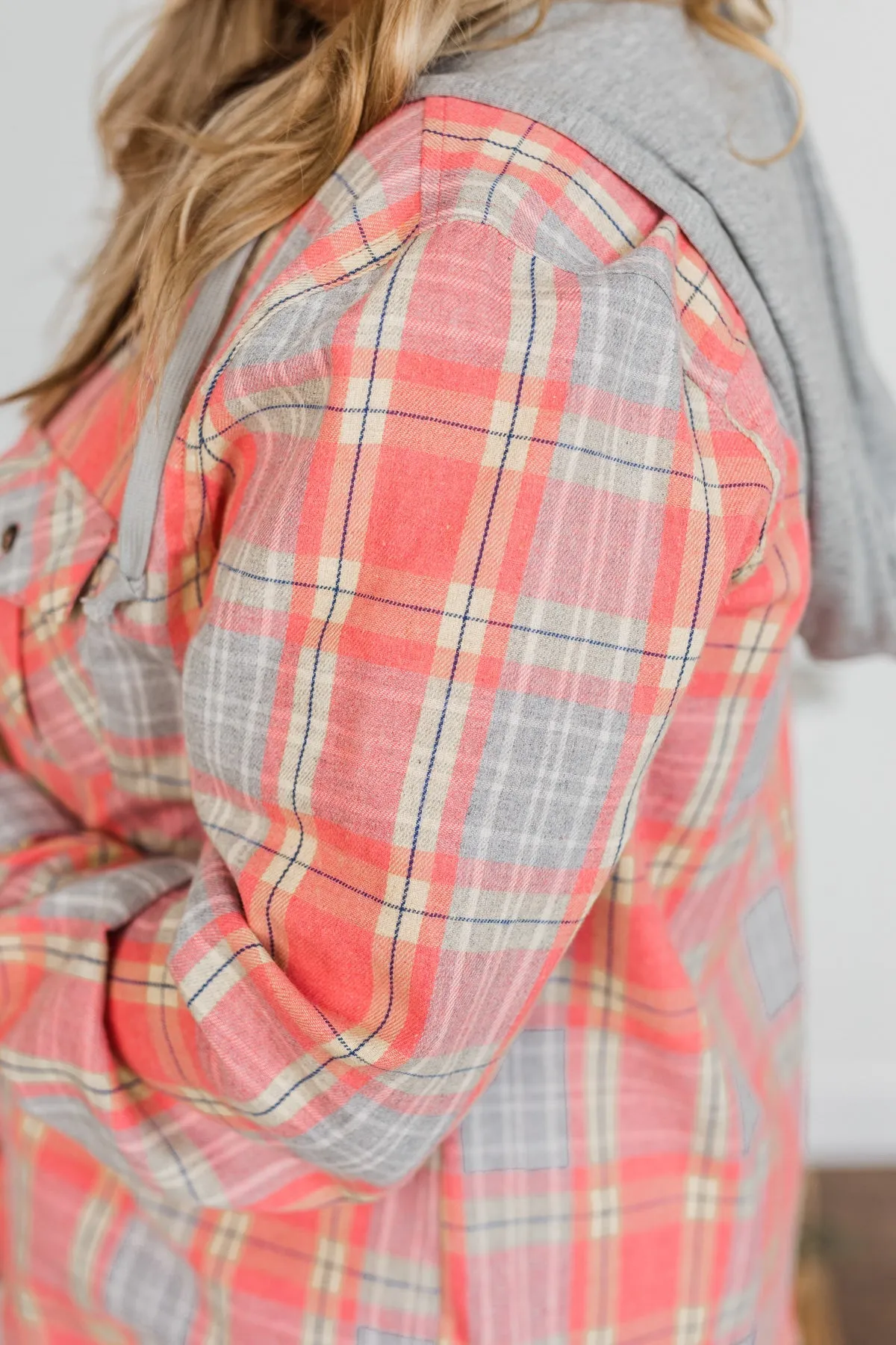 Heartfelt Serenades Hooded Plaid Top- Coral