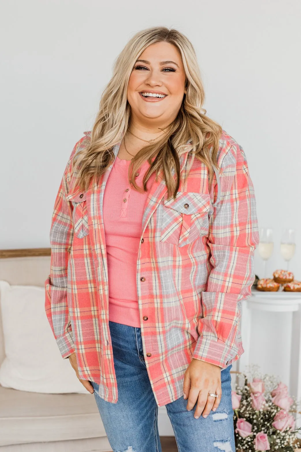 Heartfelt Serenades Hooded Plaid Top- Coral