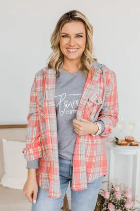 Heartfelt Serenades Hooded Plaid Top- Coral