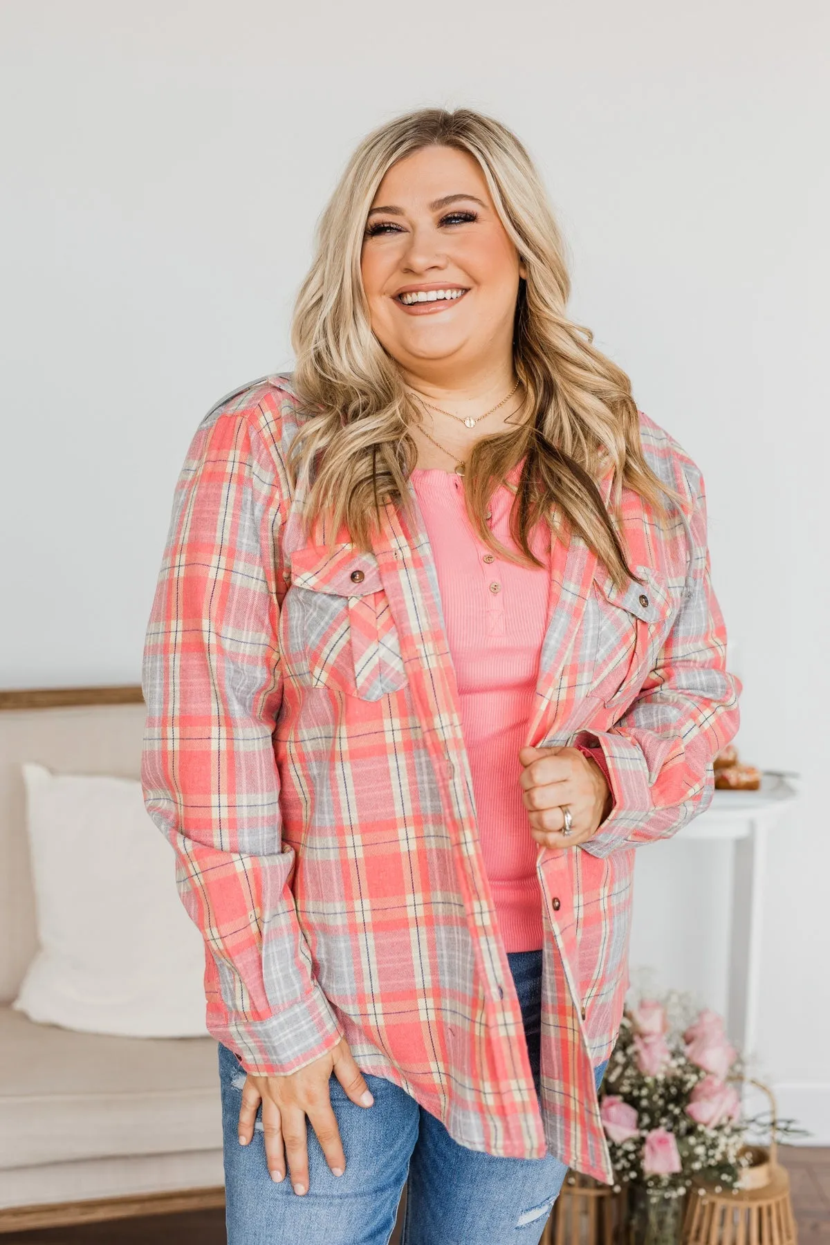 Heartfelt Serenades Hooded Plaid Top- Coral