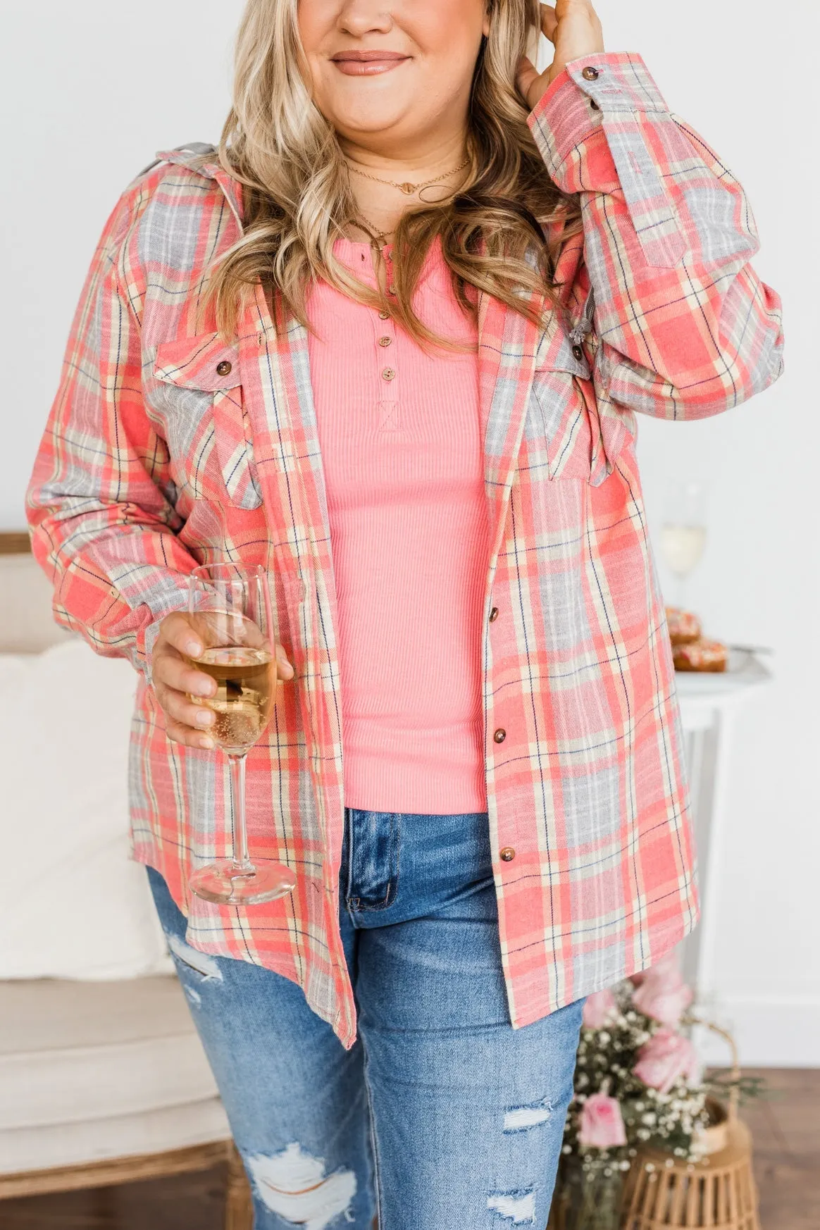 Heartfelt Serenades Hooded Plaid Top- Coral