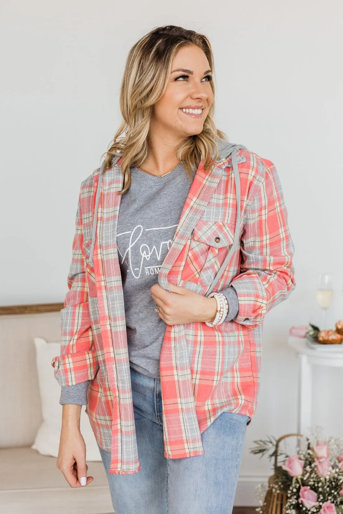 Heartfelt Serenades Hooded Plaid Top- Coral