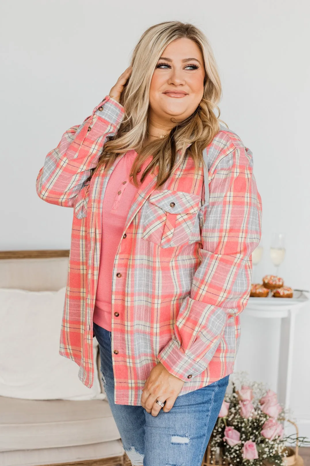 Heartfelt Serenades Hooded Plaid Top- Coral