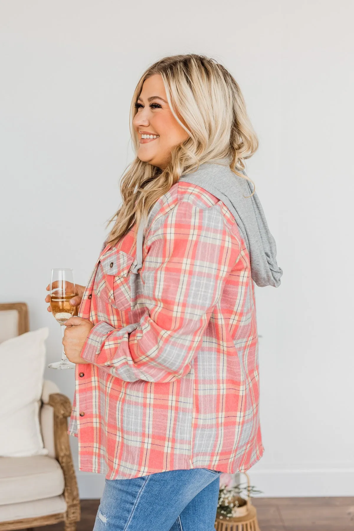 Heartfelt Serenades Hooded Plaid Top- Coral