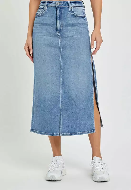 Hidden - Peyton Midi Skirt with Slit Medium Light Denim