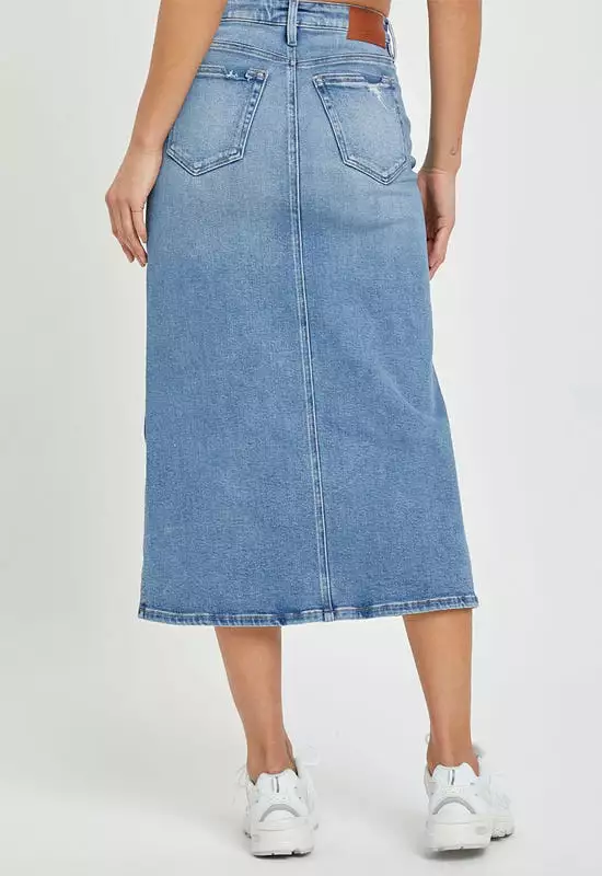 Hidden - Peyton Midi Skirt with Slit Medium Light Denim