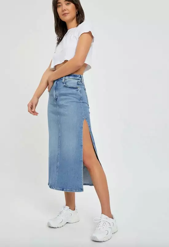 Hidden - Peyton Midi Skirt with Slit Medium Light Denim