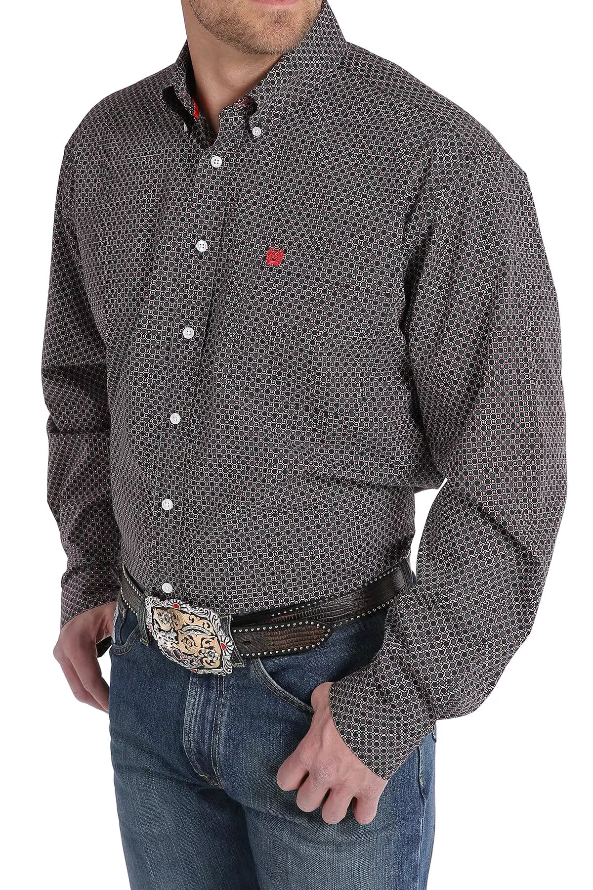 Men's Cinch Black and Red Honeycomb Geometric Print Shirt