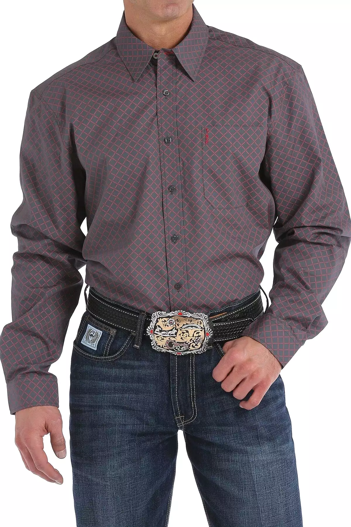 Men's Cinch Modern Fit Charcoal and Red Diamond Print Shirt