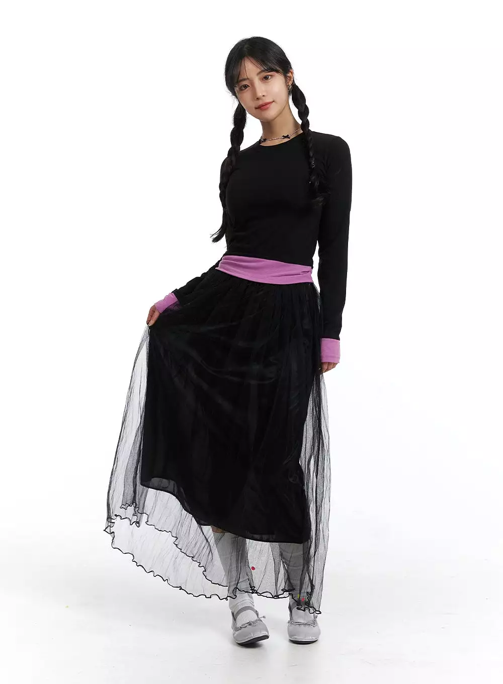 Mesh Layered A-Line Maxi Skirt OJ431