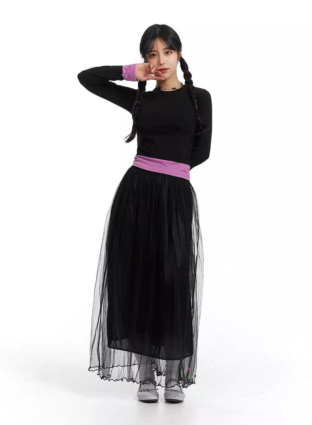 Mesh Layered A-Line Maxi Skirt OJ431