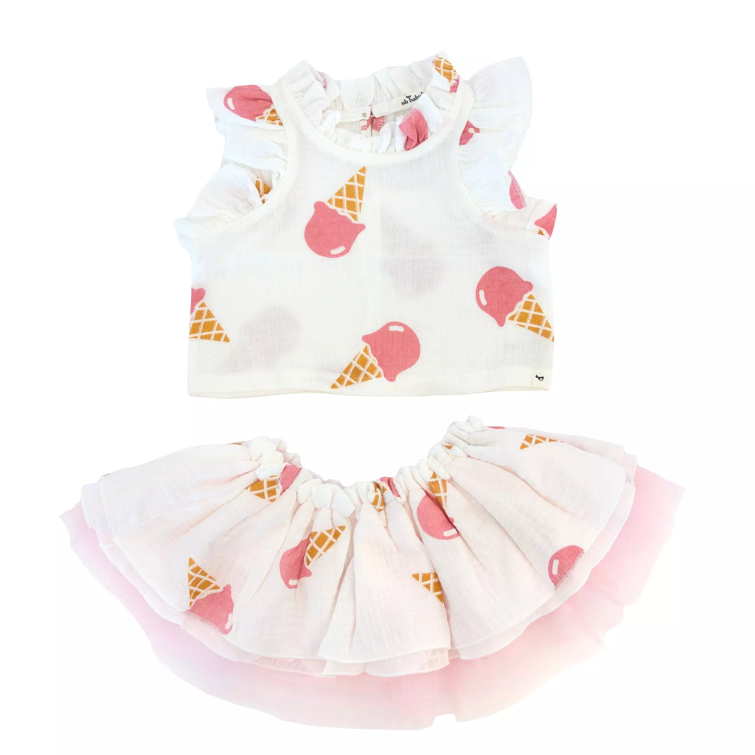 oh baby! Gauze Lola Top and Tutu Skirt Set - Single Scoop Ice Cream Cone - Oyster