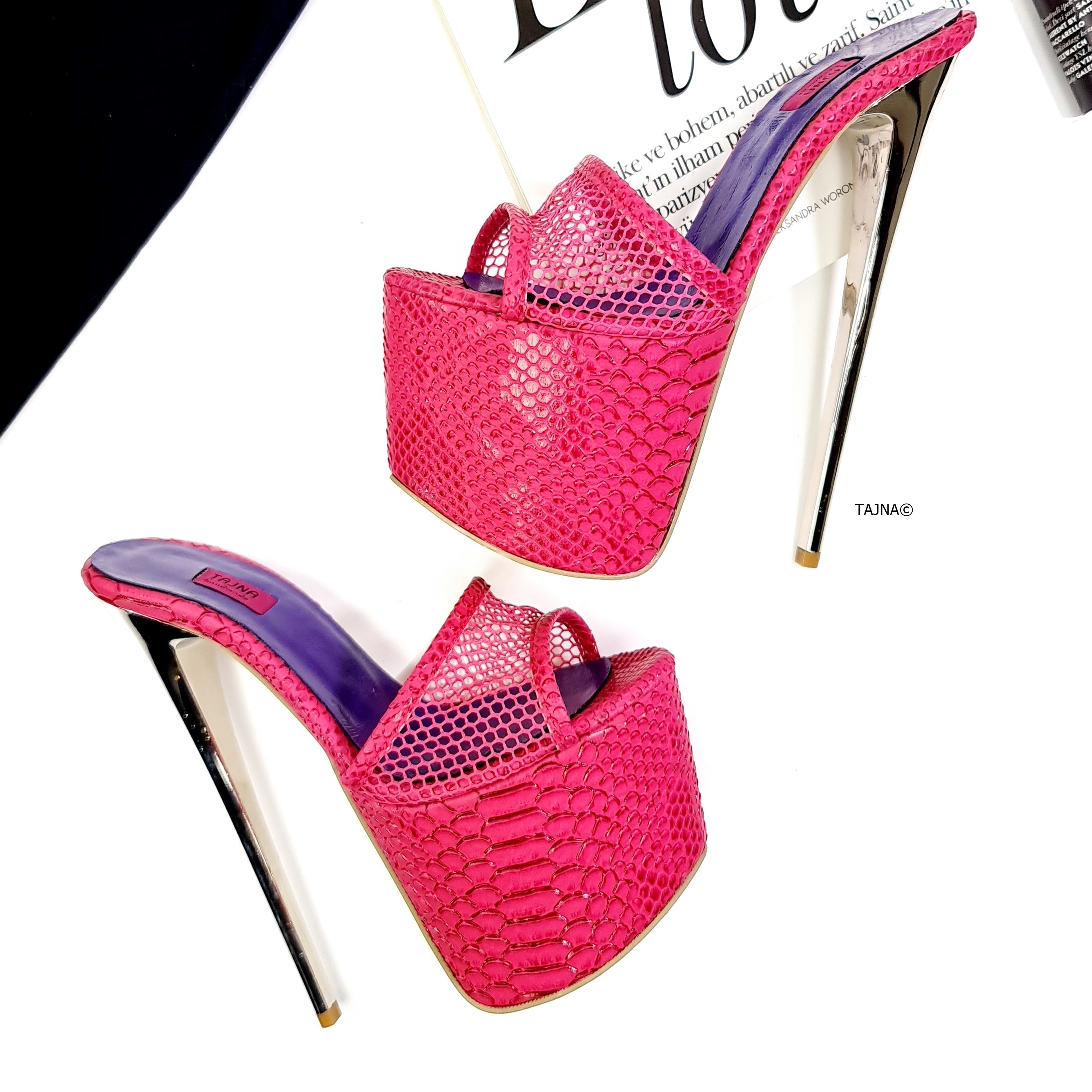 Pink Croco Fishnet Metallic High Heel Mules