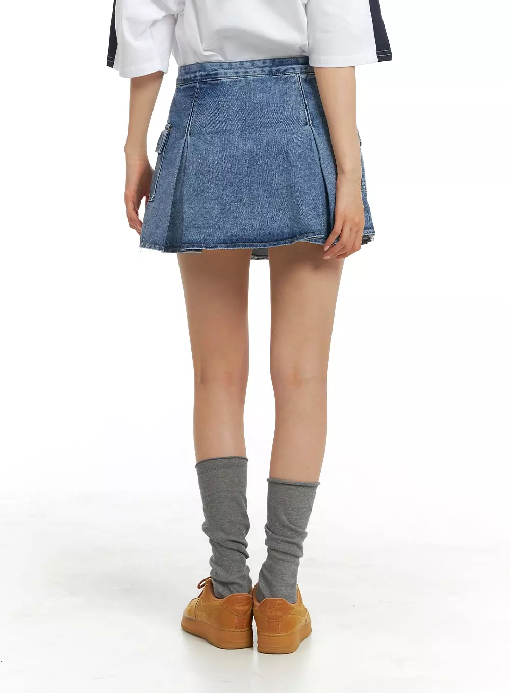 Pleated Denim Cargo Mini Skirt OM418