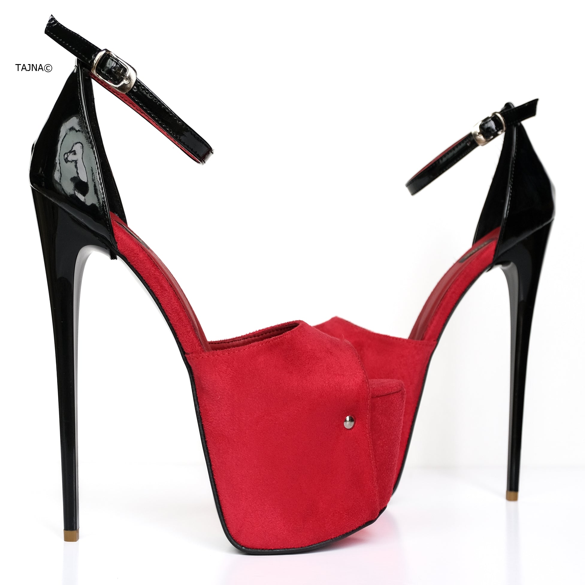 Red Suede Black Ankle Strap Detail High Heels