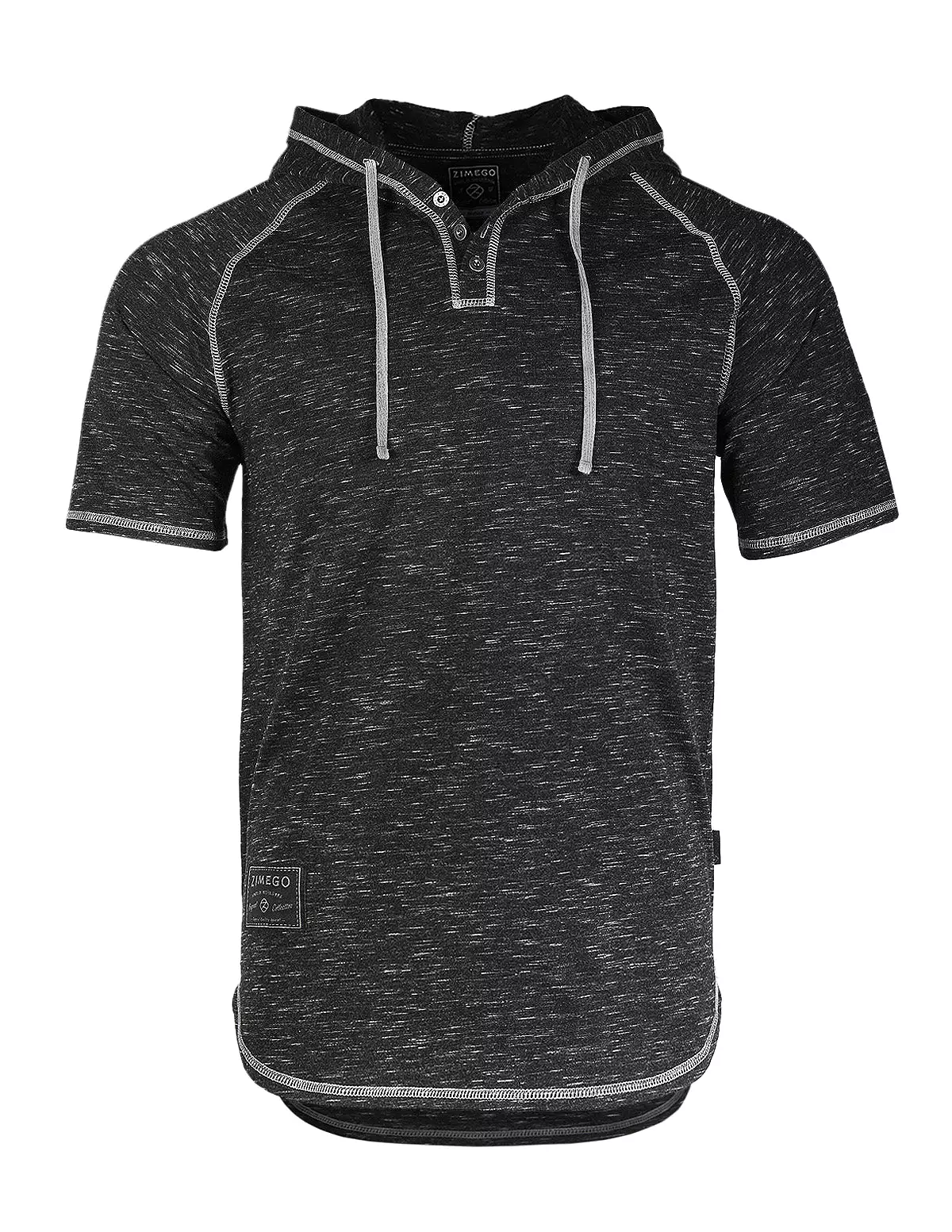 Short Sleeve Raglan Henley Hoodie Round Bottom Semi Longline T-Shirt