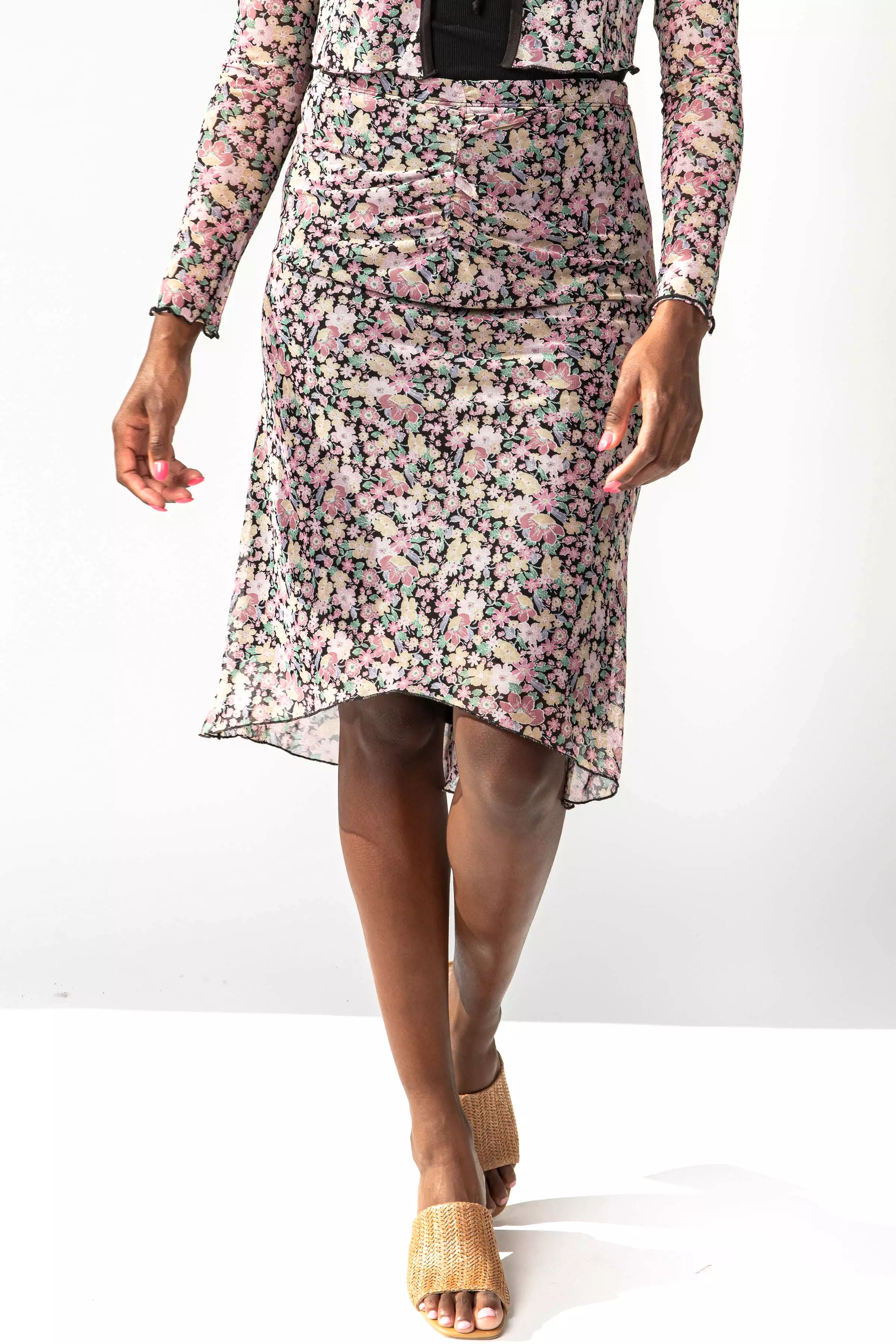 The Jolie Ruched Floral Skirt in Black