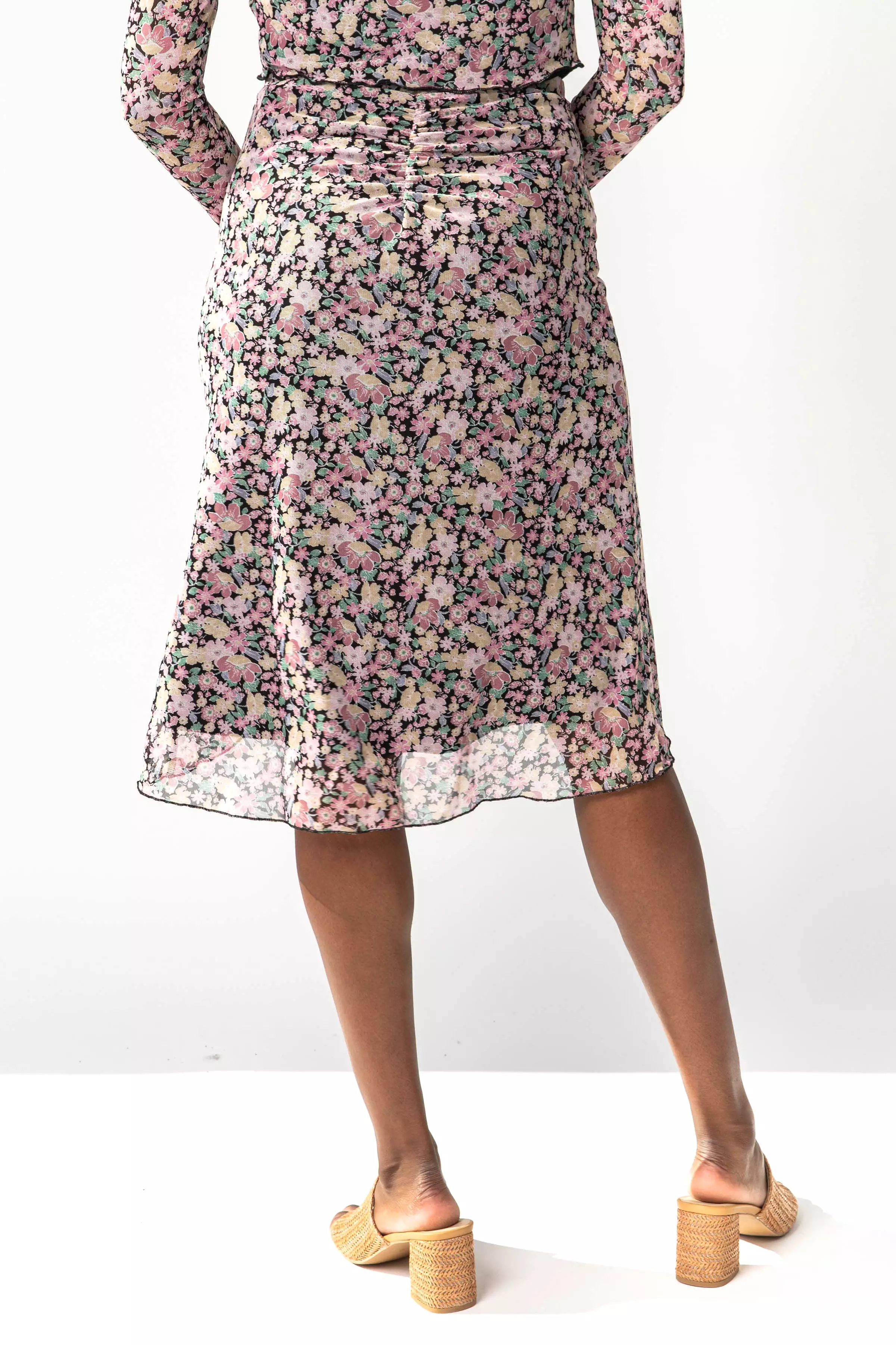 The Jolie Ruched Floral Skirt in Black