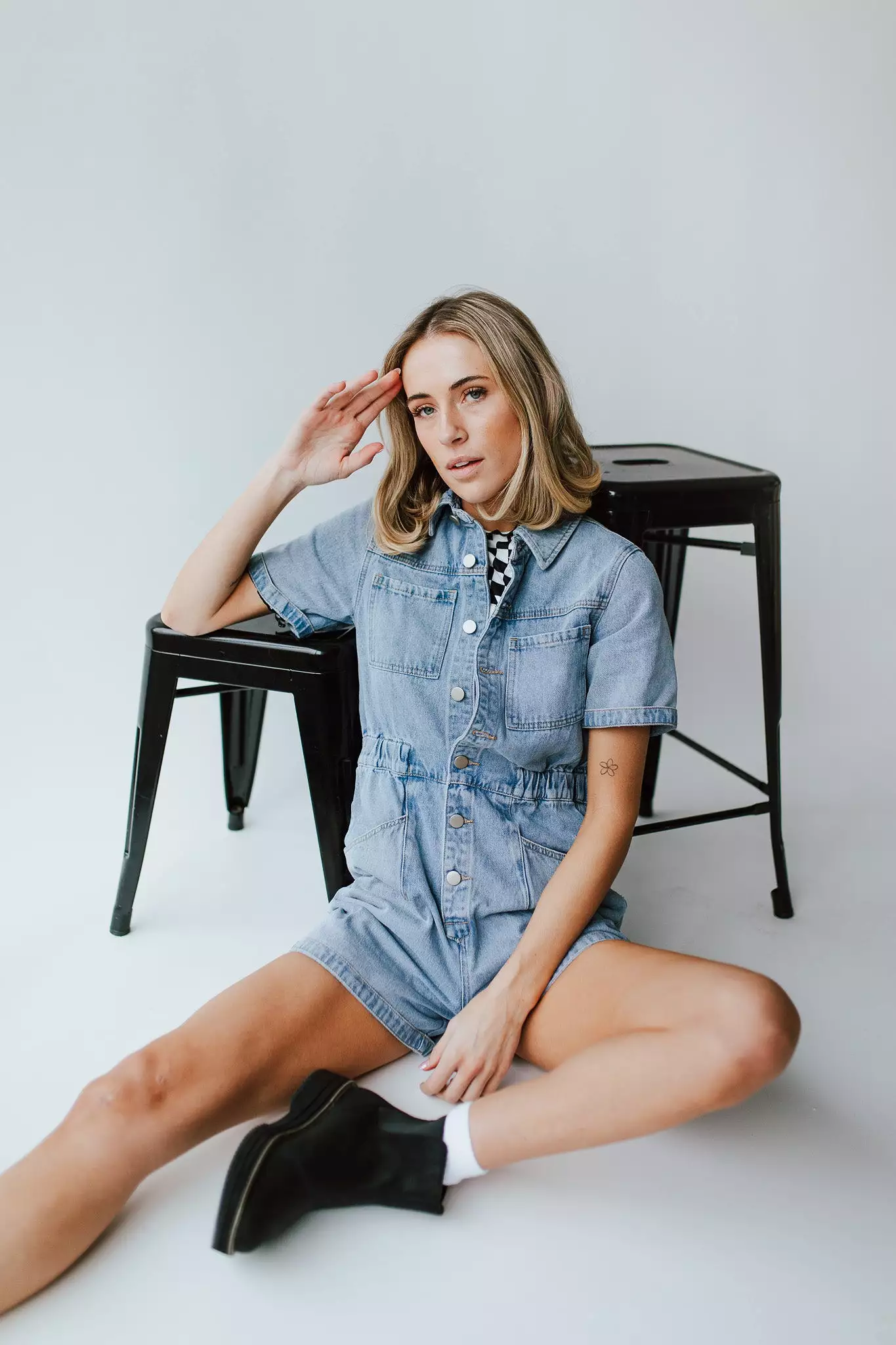 The Oxland Button Up Shorts Romper in Denim