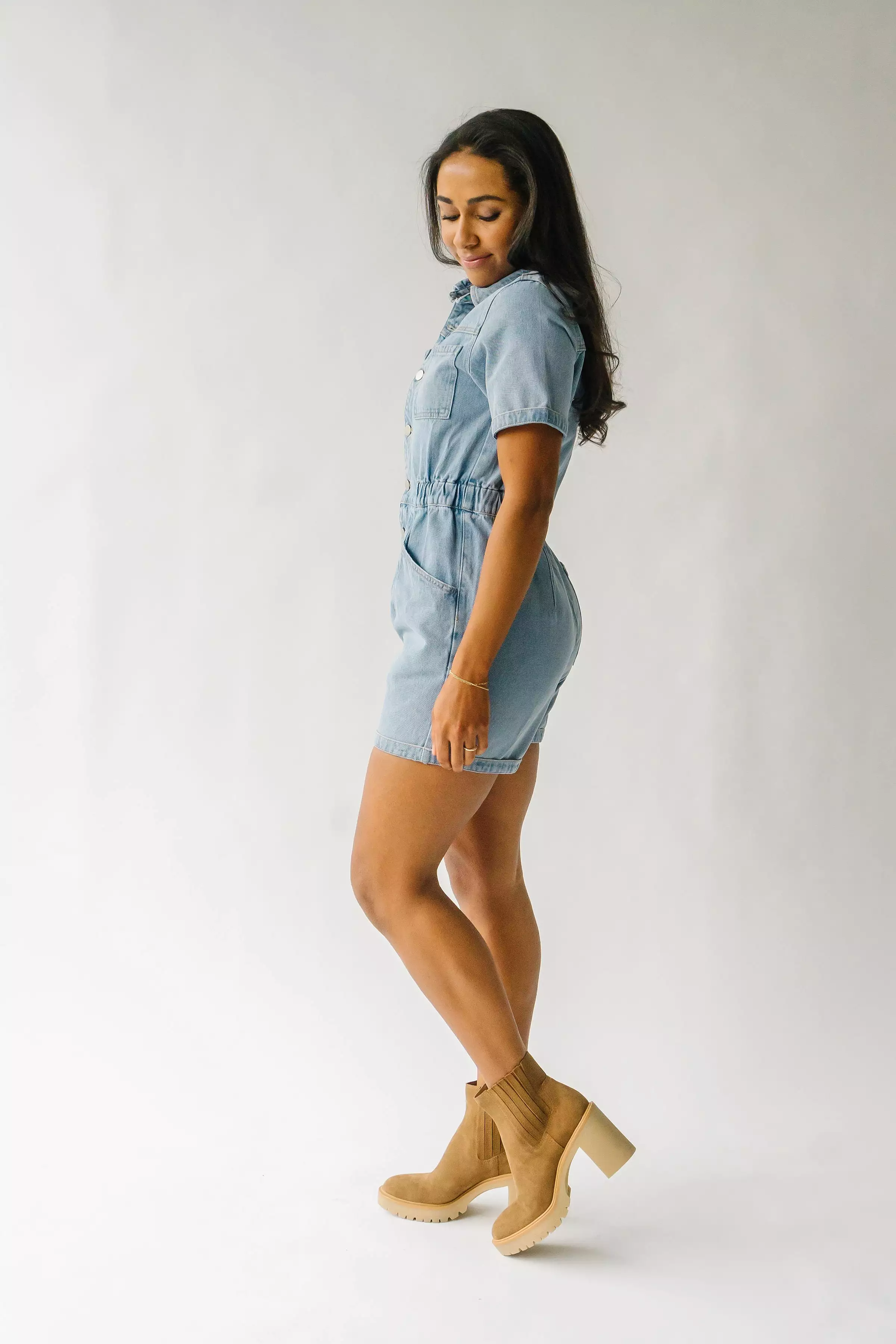 The Oxland Button Up Shorts Romper in Denim