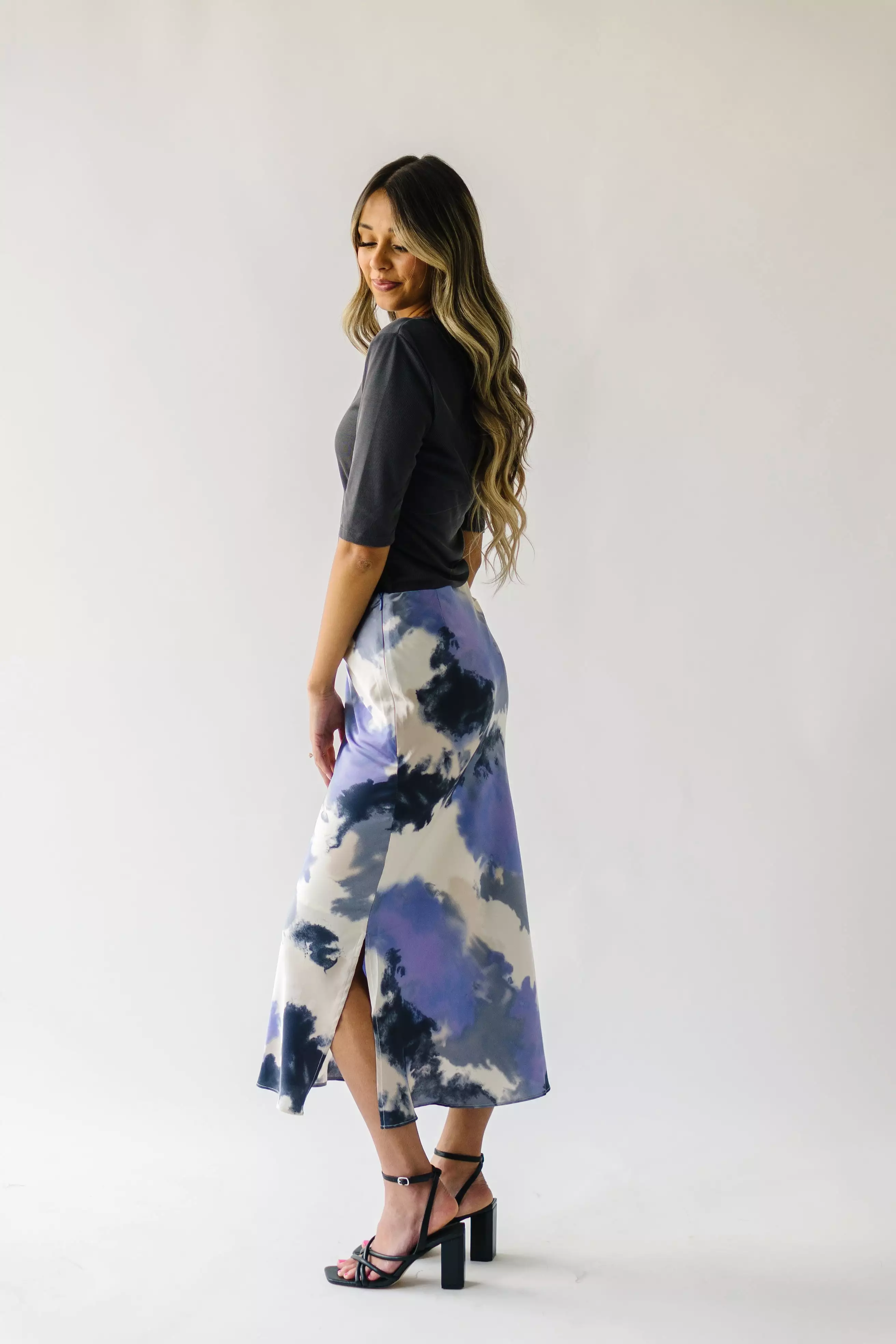 The Ozette Satin Skirt in Purple Abstract