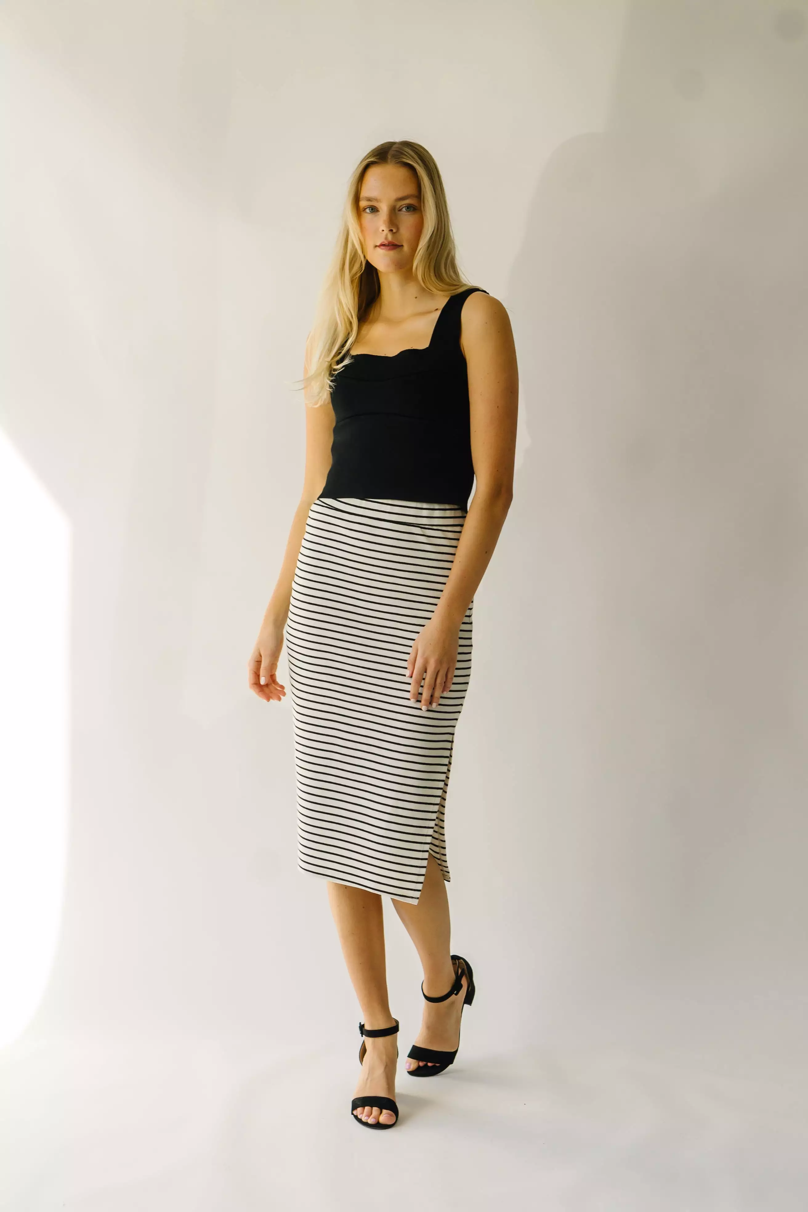 The Sumner Striped Midi Skirt in Black + Ivory