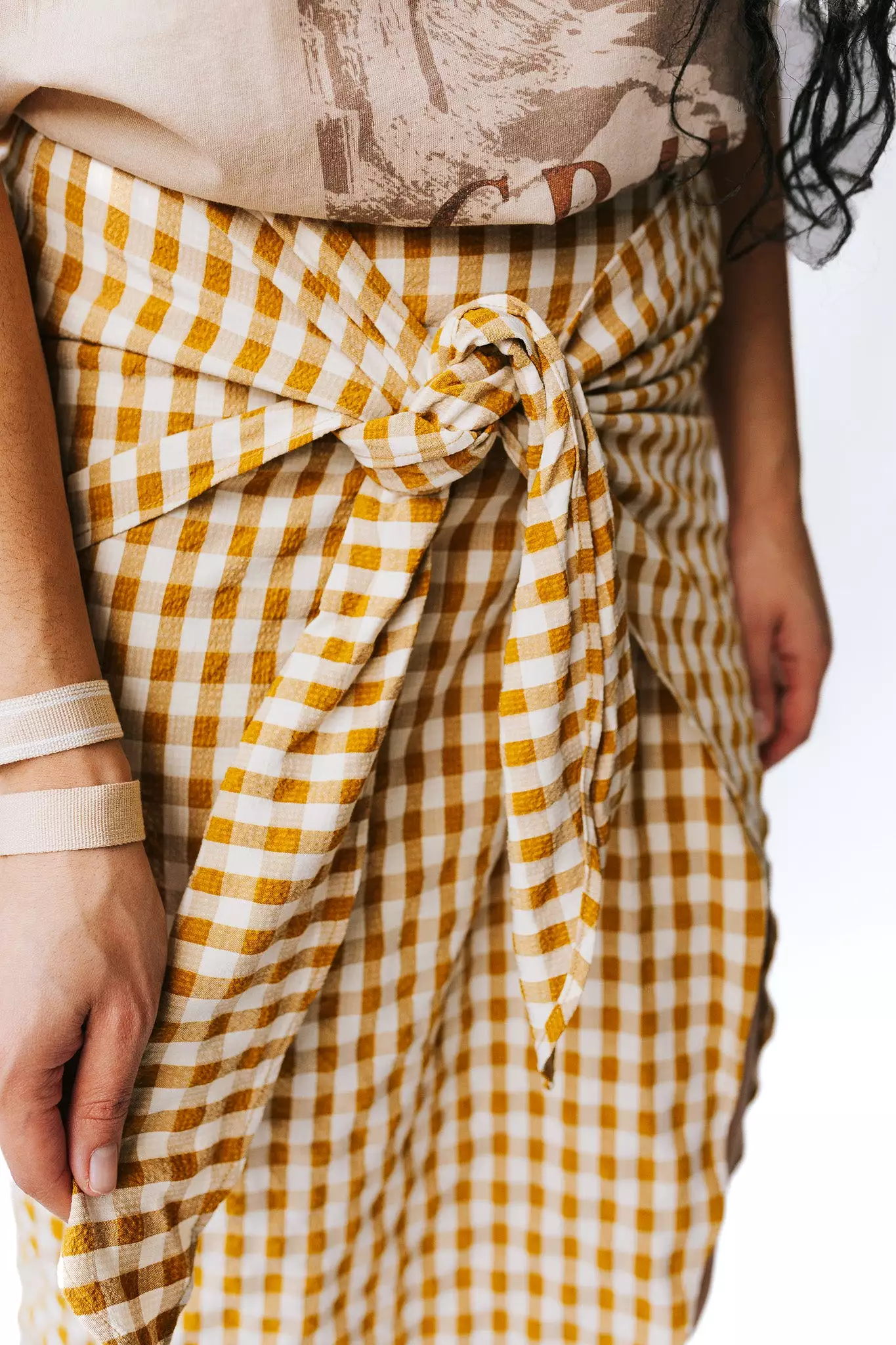 The Yancy Gingham Patterned Skirt in Mustard + White