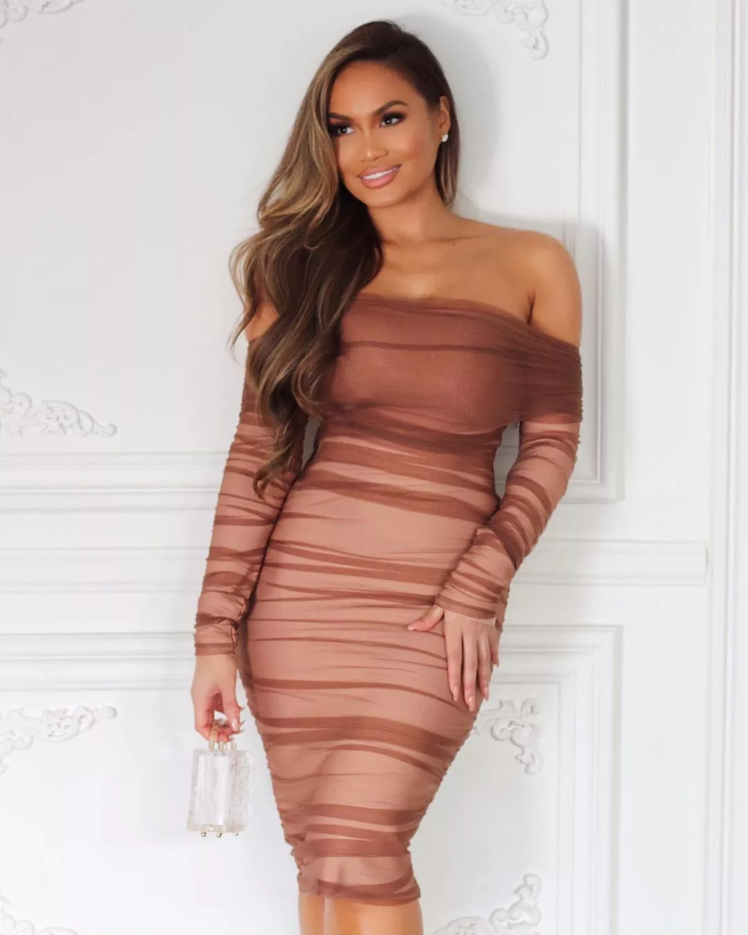 Tiffany Brown Ruched Midi Dress