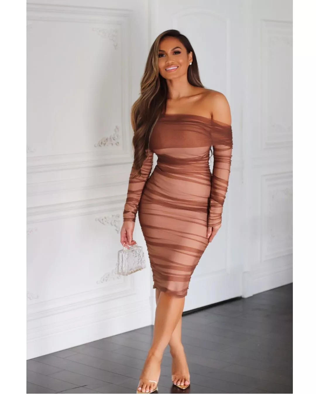 Tiffany Brown Ruched Midi Dress