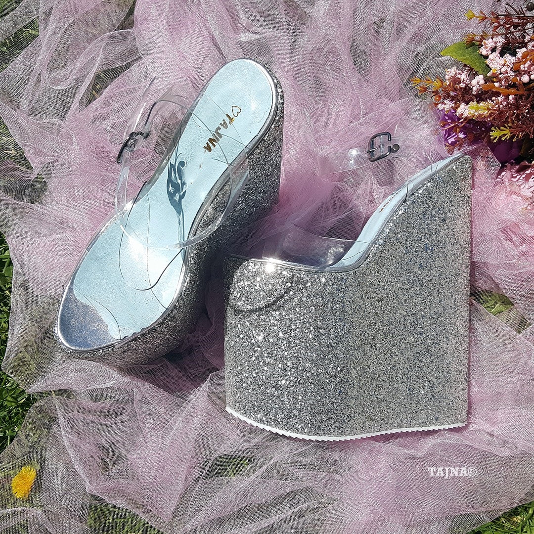 Transparent Strap Silver Platform Wedge Mules 21 cm