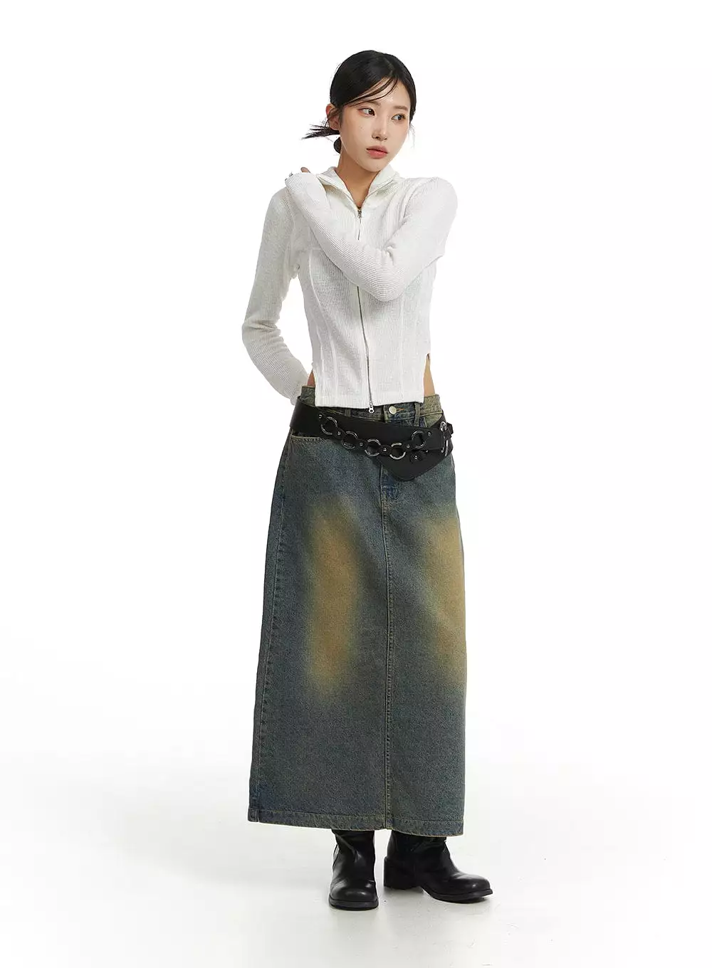 Vintage Washed Denim Maxi Skirt CJ431