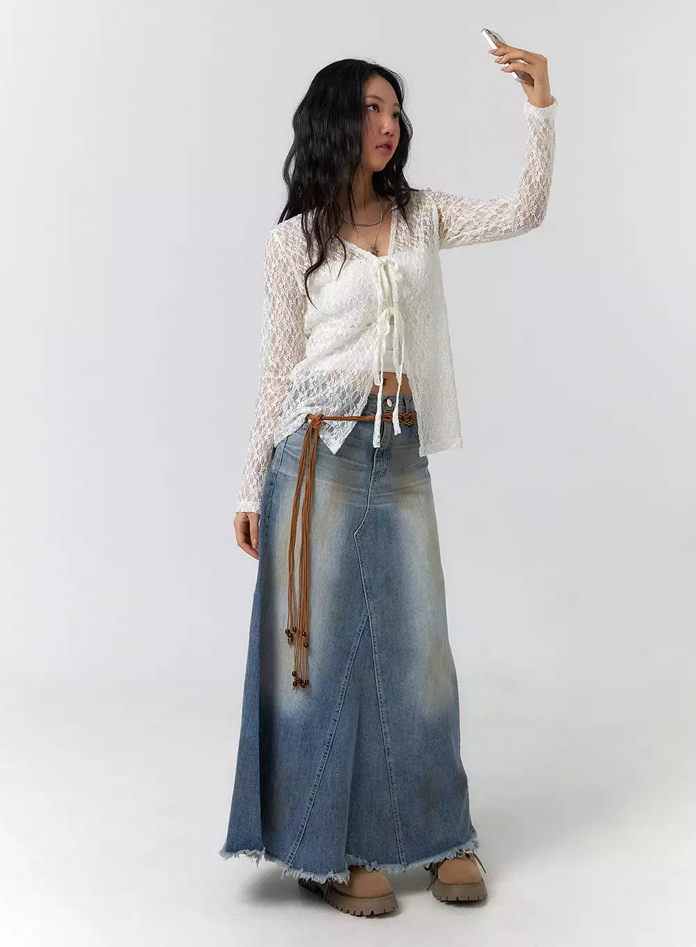 Vintage Washed Raw Hem Maxi Skirt CF405