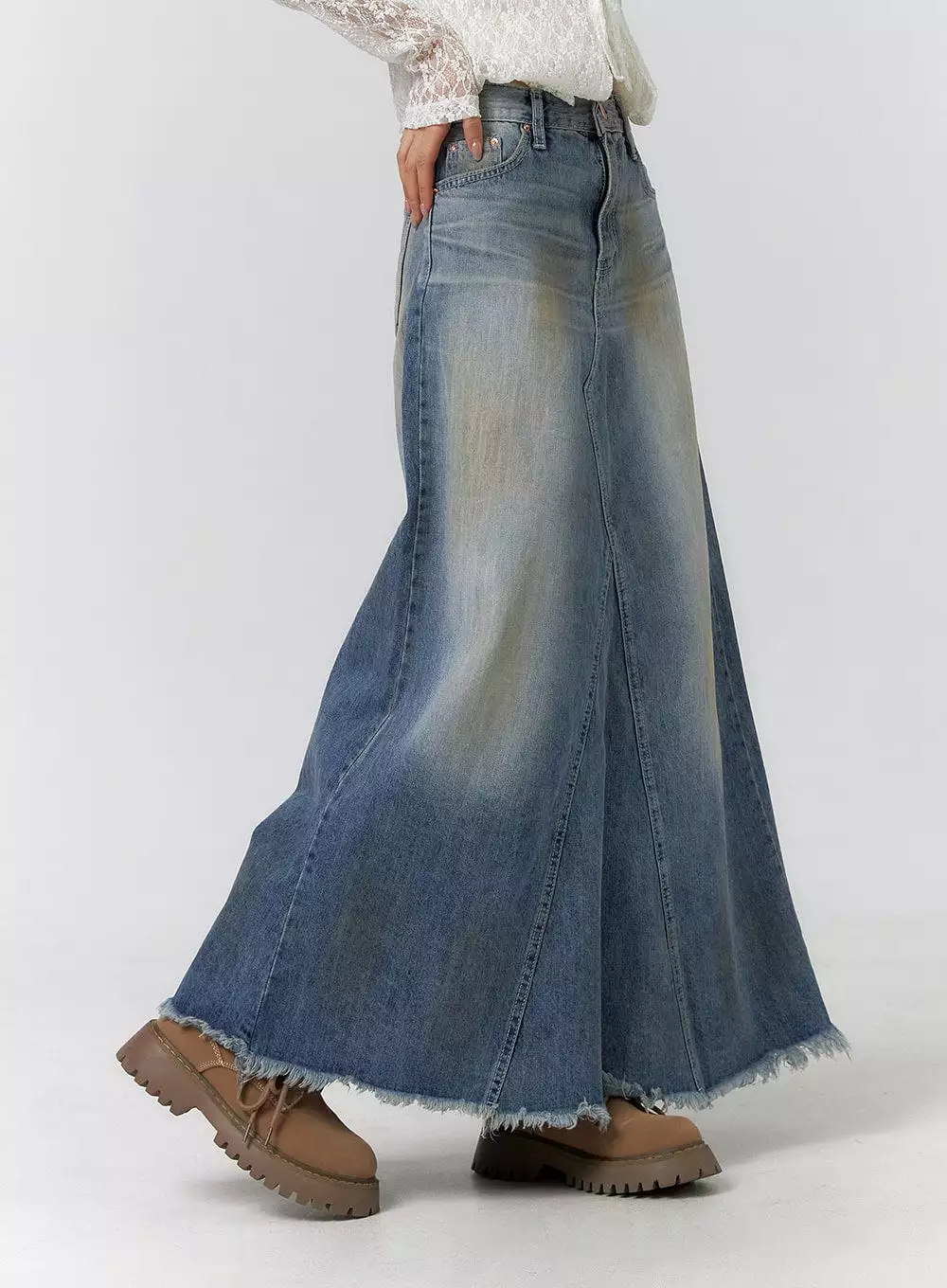 Vintage Washed Raw Hem Maxi Skirt CF405