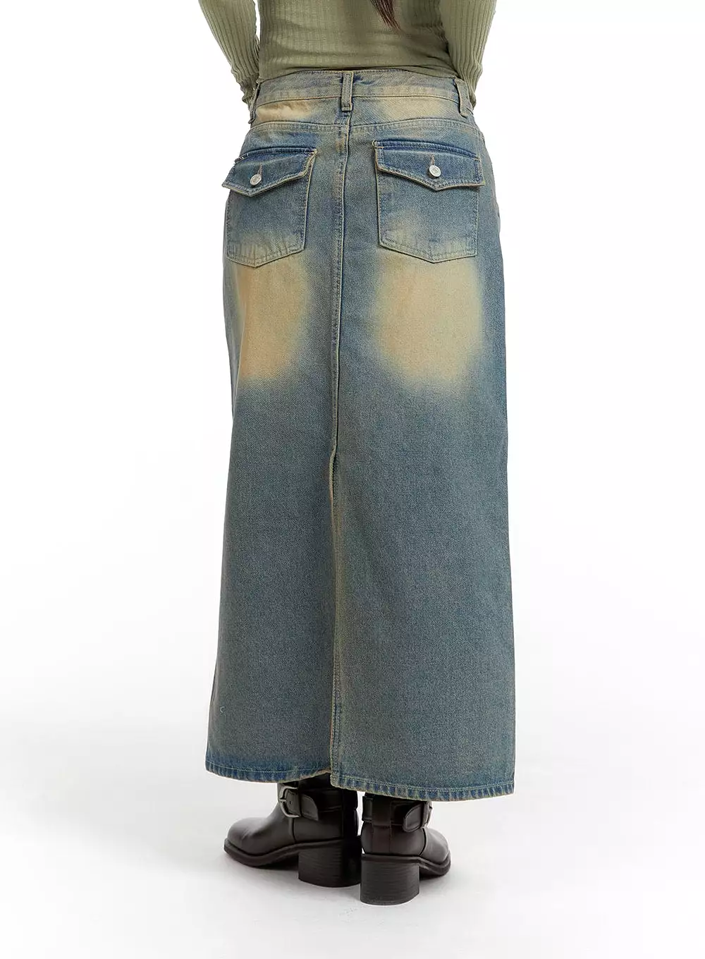 Washed Denim A-Line Maxi Skirt CF419