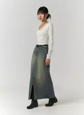 Washed Denim Maxi Skirt CJ422