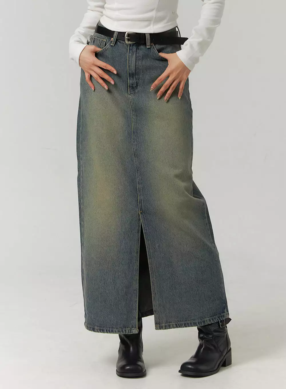 Washed Denim Maxi Skirt CJ422