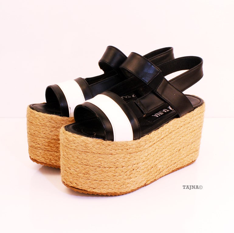 White Black Espadril Wedge Platform Sandals