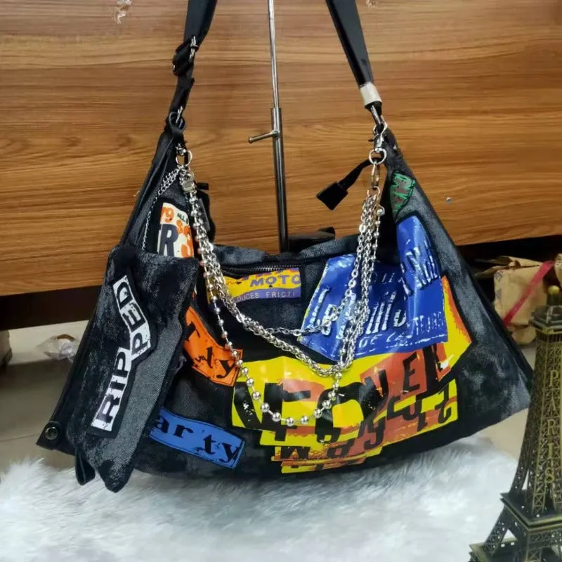 Women's Denim Graffiti Pattern Large Capacity Tote Shoulder Handbag